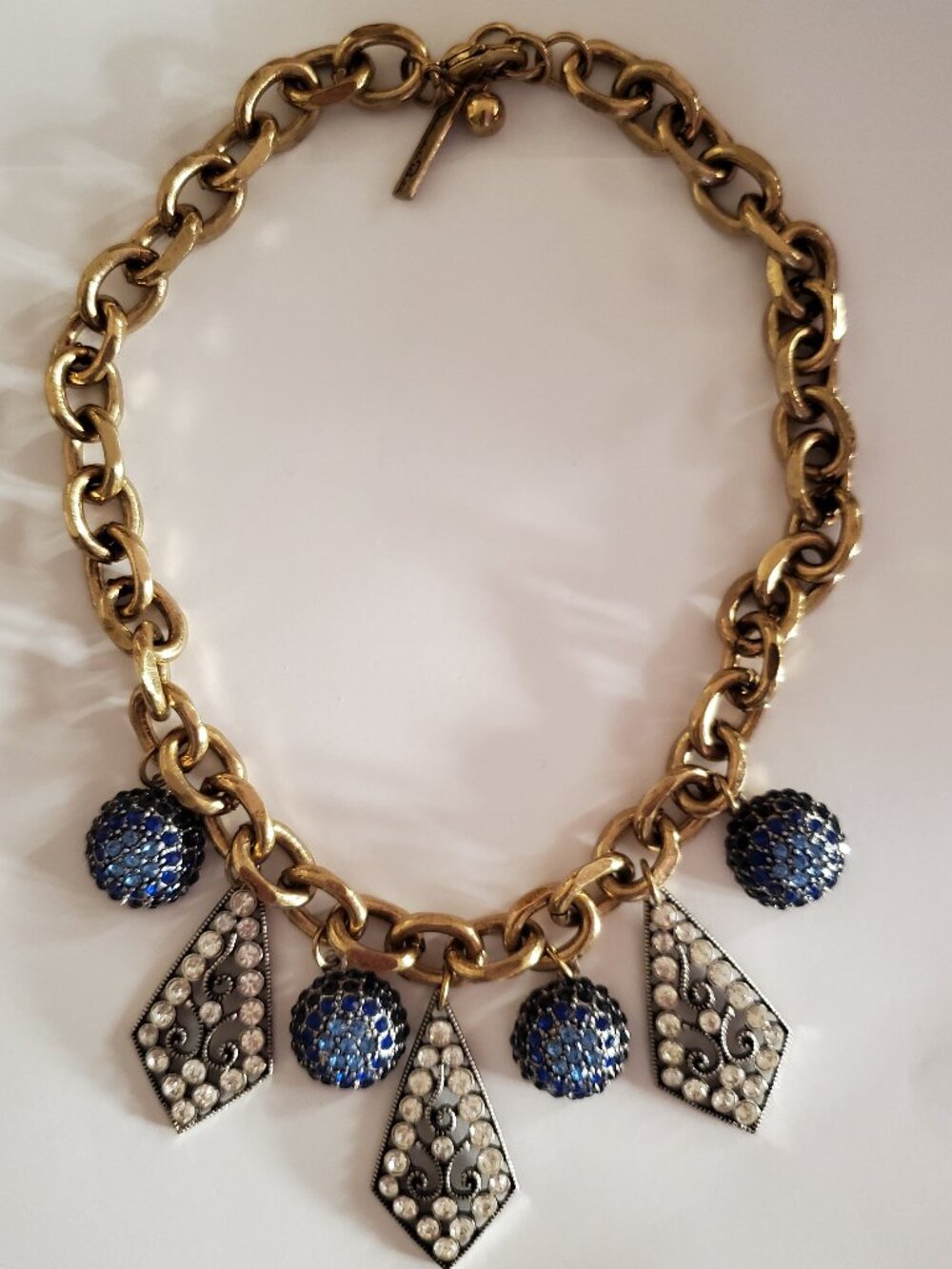 Oscar de la Renta Sapphire Blue Gold Crystal Statement Necklace